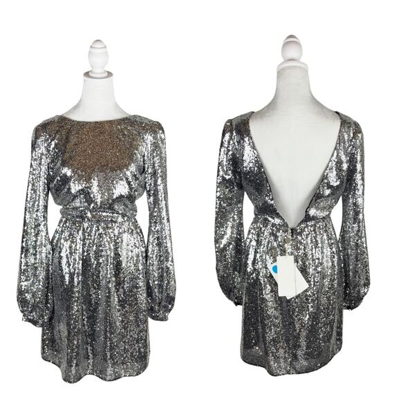 Saloni Camille Open Back Sequin Mini Dress Silver 4 NWT - Picture 2 of 10